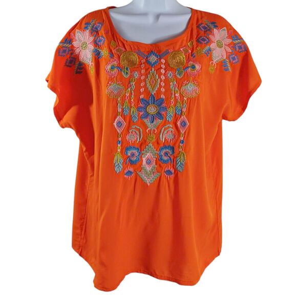 NWT Solitaire Orange Embroidered Boho Blouse L Festival Floral Artisan Peasant - Picture 2 of 8